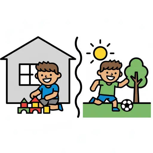 En pojke bygger med klossar inomhus i ett hus och en pojke leker med en fotboll ute i solen vid ett träd.