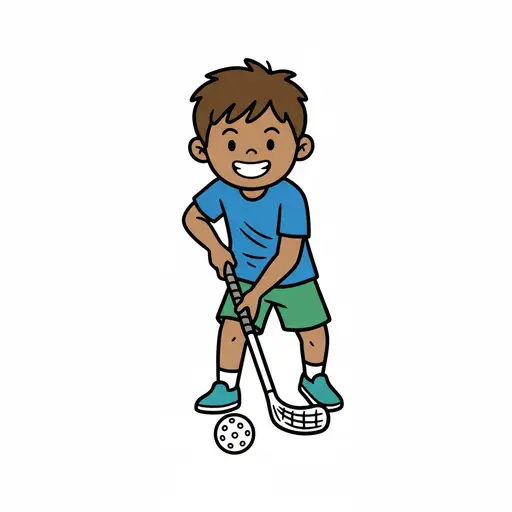 A boy playing floorball with a stick and ball. He is wearing a t-shirt and shorts.