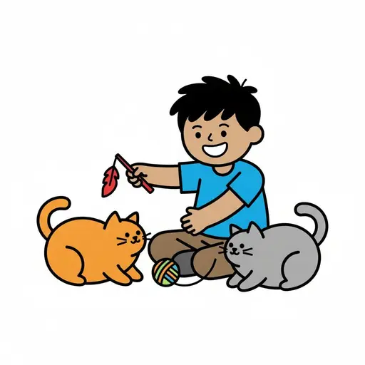 A boy sits on the floor playing with two cats using a feather toy, with a ball of yarn nearby.