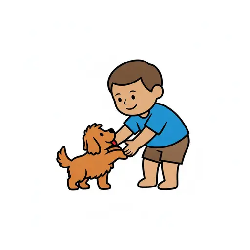 Ett barn böjer sig ner och leker med en liten brun hund som ställer sig på bakbenen.