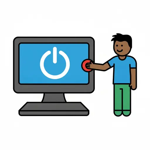Ein Junge drückt den Ausschaltknopf eines Computers.