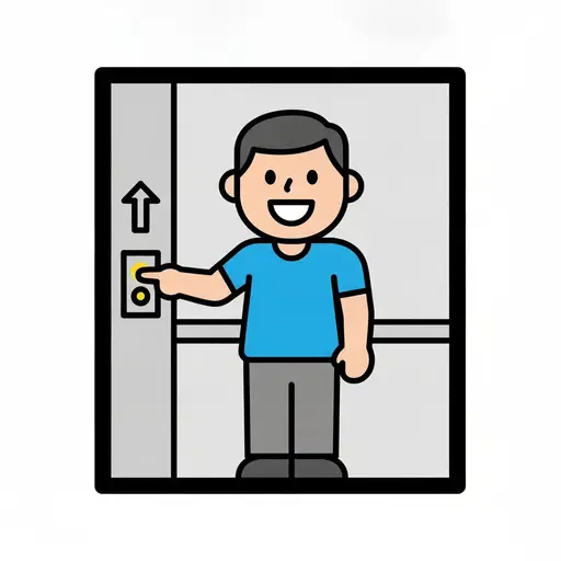 A boy stands in a lift pressing a yellow button with an up arrow.