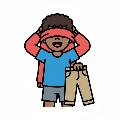 A boy pulls a red sweater over his head while holding a pair of beige trousers.