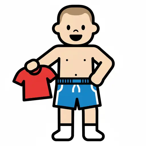 Ein Zeichentrickjunge hält ein rotes T-Shirt, trägt blaue Shorts und weiße Socken.