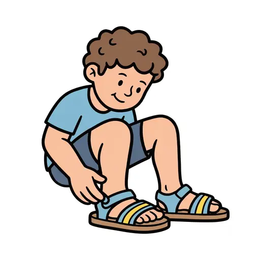 Een jongen trekt zijn sandalen aan.