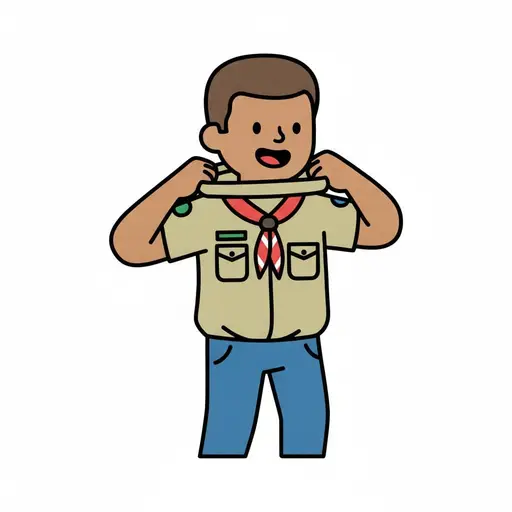 A boy pulls on a beige scout shirt with a red neckerchief and badges.