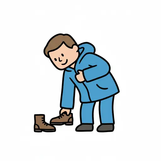 Een jongen in een blauwe jas bukt om een bruine schoen aan te trekken.