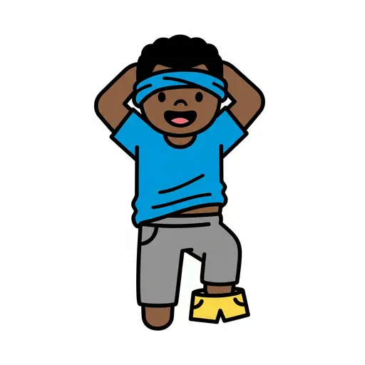 Een jongen trekt een gele short over zijn grijze broek aan. Hij draagt ook een blauw T-shirt en een blauwe hoofdband.