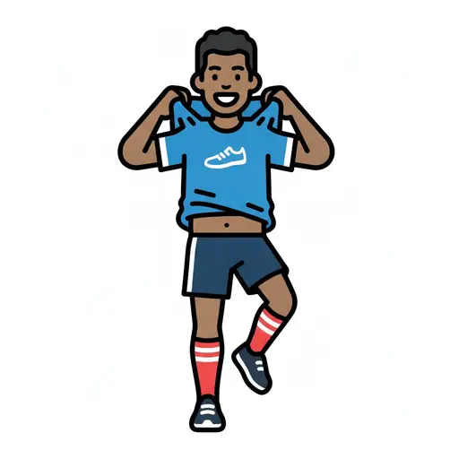A boy pulls a blue sports shirt over his head, already wearing shorts, long socks and trainers.