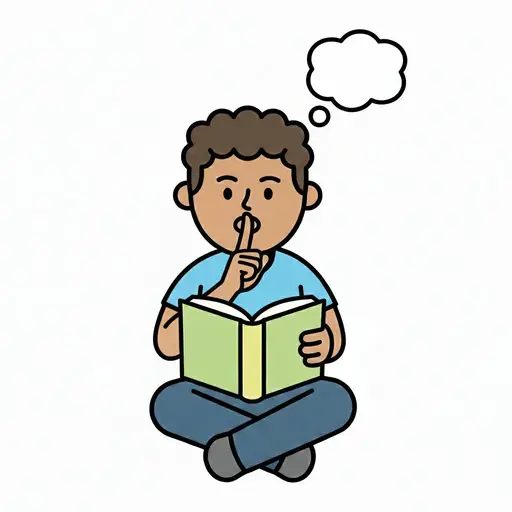 A boy sits cross-legged, holding an open book and putting a finger to his lips to indicate quiet. A thought bubble above his head contains a moon and a star.