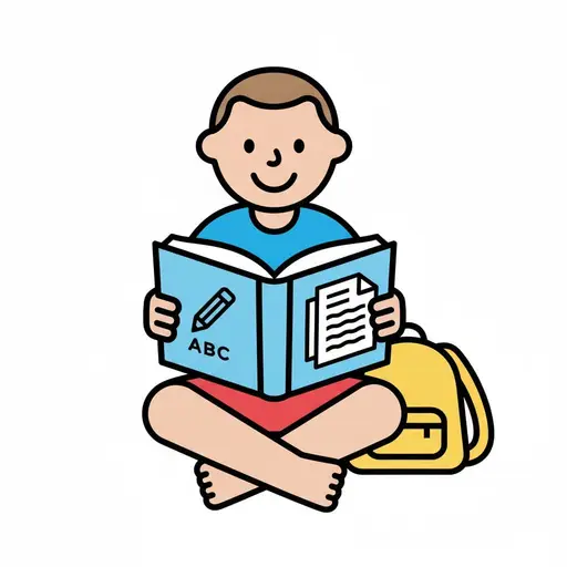 Een jongen zit met gekruiste benen een opengeslagen boek met letters te lezen, met een gele rugzak naast zich.