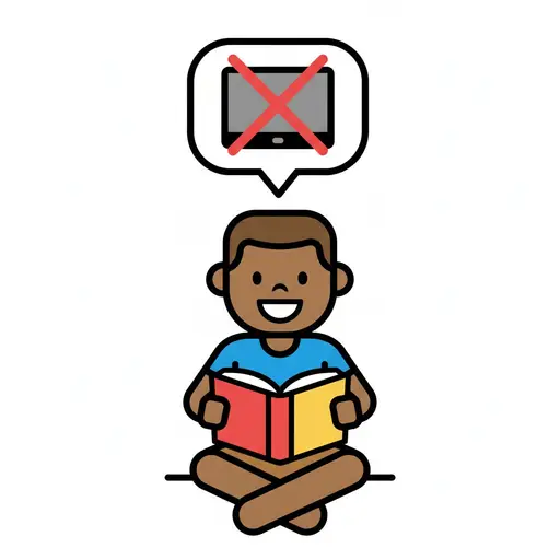 Ein Junge sitzt im Schneidersitz mit einem Buch, über ihm zeigt eine Sprechblase ein durchgestrichenes Tablet.