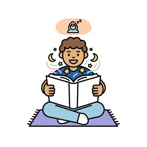 A boy sits on a rug reading a book with stars and moons around him.