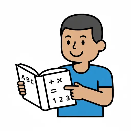 En gutt holder en åpen bok med bokstaver og matematiske symboler og peker på siden.