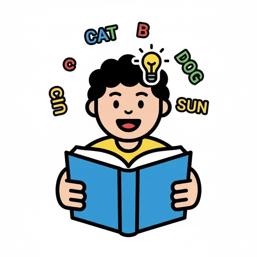 Een jongen leest een opengeslagen boek met woorden en een gloeilamp bij zijn hoofd als symbool voor nieuwe ideeën.
