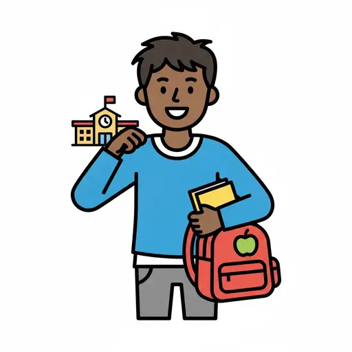 A boy with a backpack and a book stands by a school symbol.
