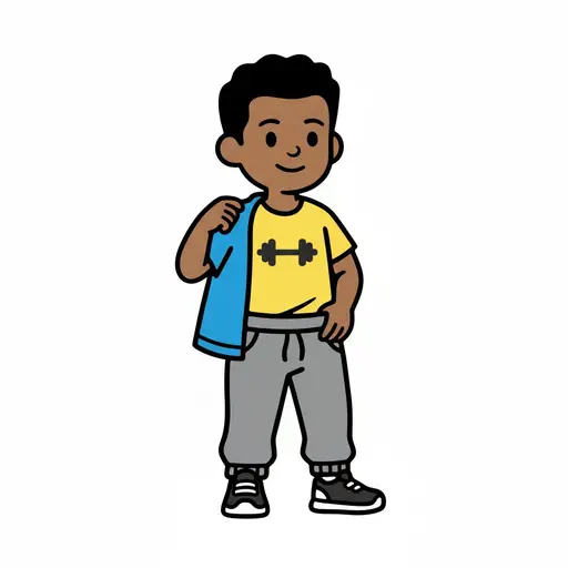 Een jongen in sportkleren met een handdoek over zijn schouder, klaar om te sporten.