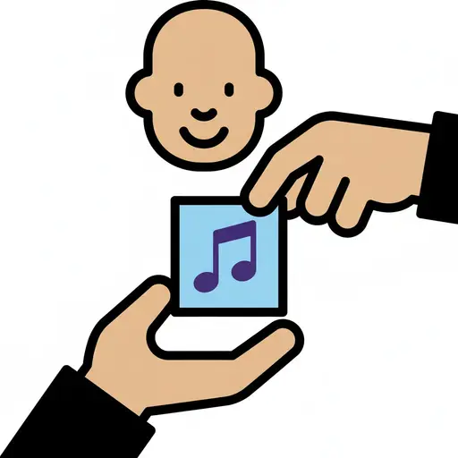 En hand överlämnar en blå kort med en lila musiknot till en annan hand. En ansiktsikon är ovanför.