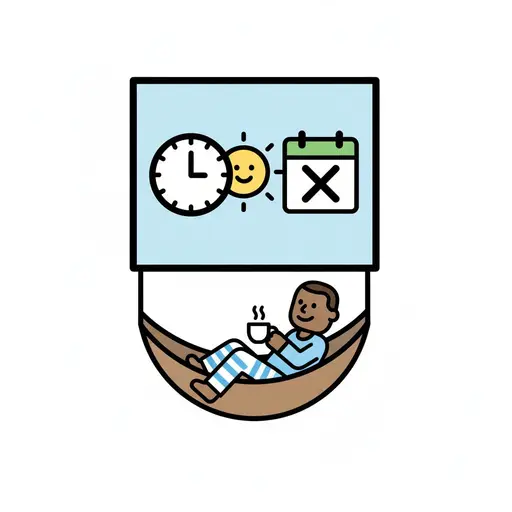 Een jongen ontspant in een hangmat met een warme drank, met een klok, een zon en een kalender met een kruis erop boven hem.