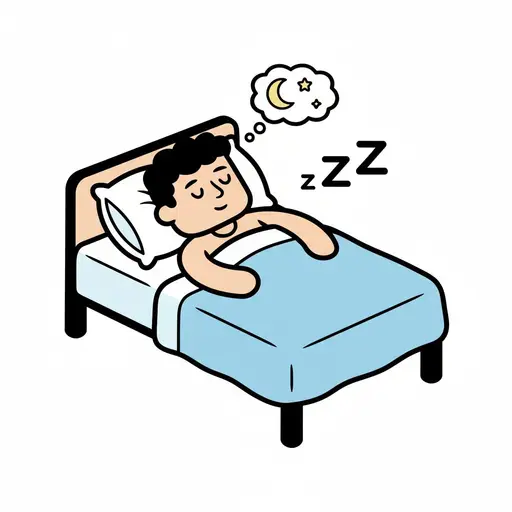 Een jongen ligt in bed onder een blauwe deken met een gedachtewolk met een maan en een ster boven hem.