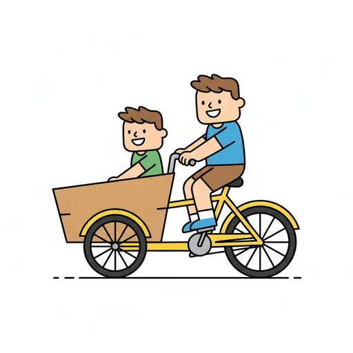 En dreng cykler på en ladcykel med et yngre barn i ladet.