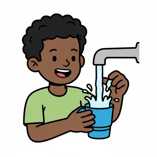 A boy holds a cup under a tap and fills it with water.