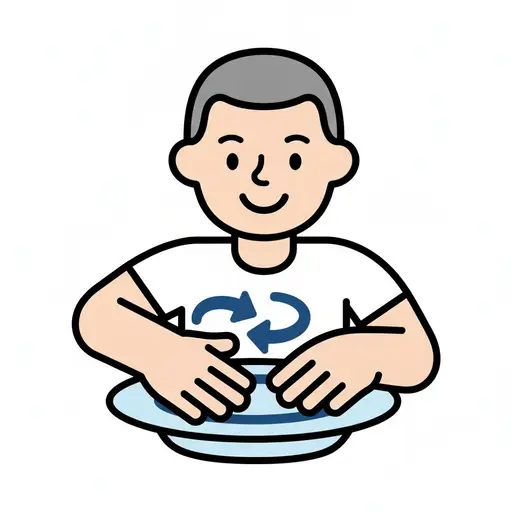 A boy rubs his hands together in a basin of water.