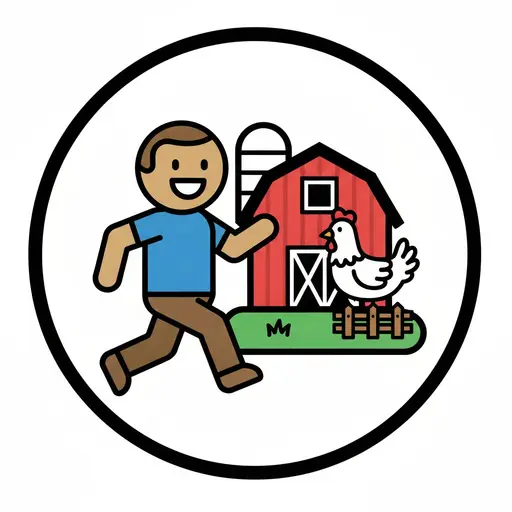 A boy runs toward a red barn with a chicken and a fence.