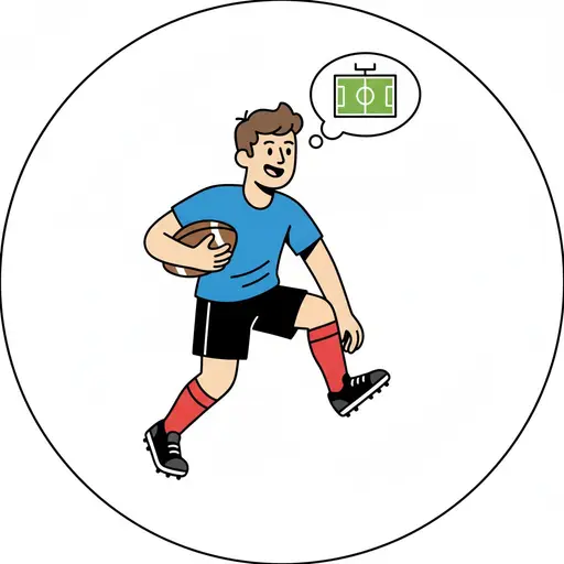 A boy in a kit and studded boots runs with a ball under his arm while a thought bubble shows the pitch.