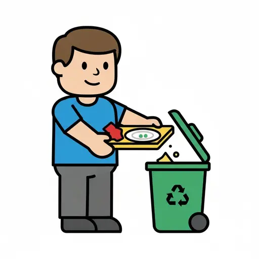 Een jongen schraapt een lunchdienblad leeg boven een groene bak.