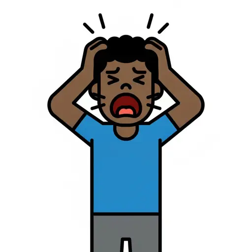 A boy holds his hands to his head, eyes screwed shut, and screams.