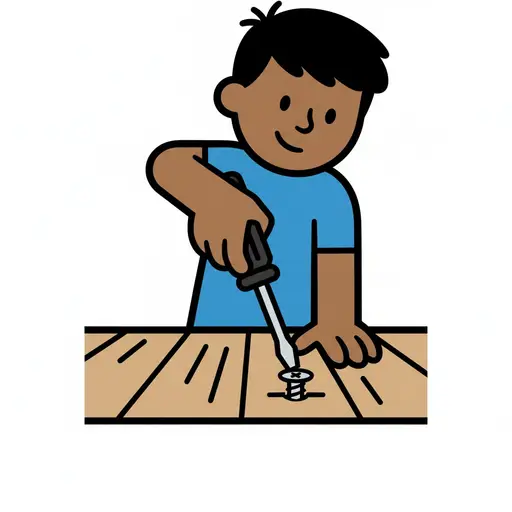 Een tekening van een jongen in een blauw T-shirt die met een schroevendraaier een schroef in een houten vloer draait.