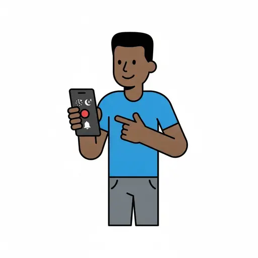 Een jongen houdt een telefoon vast met klok- en maanpictogrammen en wijst naar een rode knop met een belsymbool.