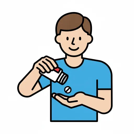 Ein Junge schüttelt eine Tablette aus einer Dose in seine Hand.