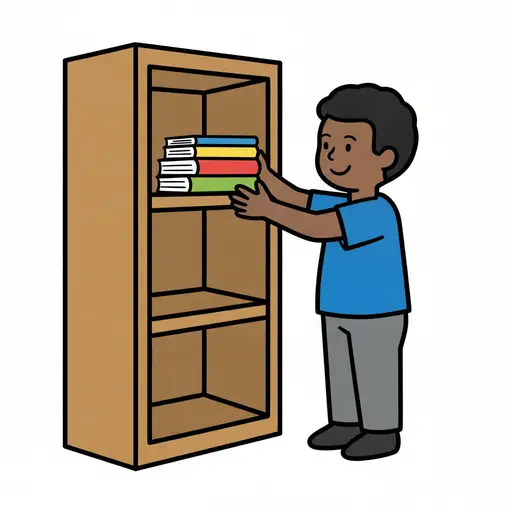 Een jongen zet een stapel boeken in een boekenkast.