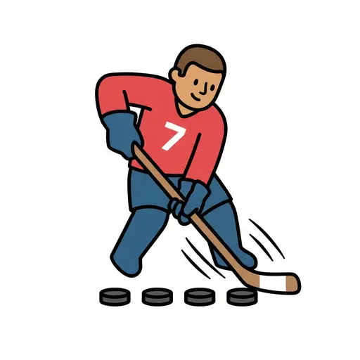 An illustration of a person playing ice hockey, holding a stick and shooting pucks.