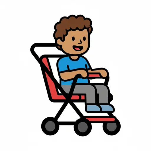 Ein lächelnder Junge mit lockigem Haar sitzt in einem roten Buggy mit blauem Sitzkissen, von der Seite gesehen.