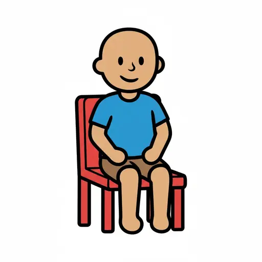 Een getekende jongen zit rustig op een rode stoel en lacht.