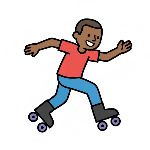 A happy boy wearing roller skates and a red t-shirt skates forward.