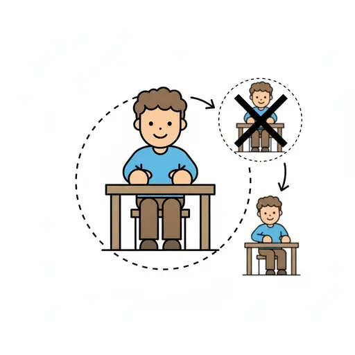Een jongen zit met zijn handen op de tafel, terwijl een doorgestreept plaatje laat zien dat opstaan van je plek niet oké is.