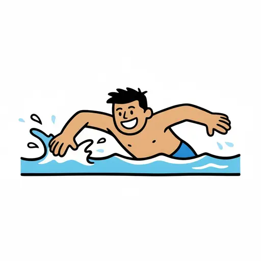 Ein Junge schwimmt vorwärts durch blaues Wasser.