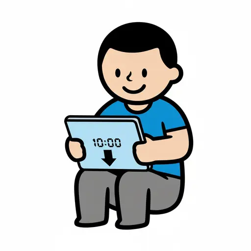 Een jongen zit met een tablet in zijn handen waarop 10:00 staat met een pijl naar beneden, wat het einde van de schermtijd aangeeft.