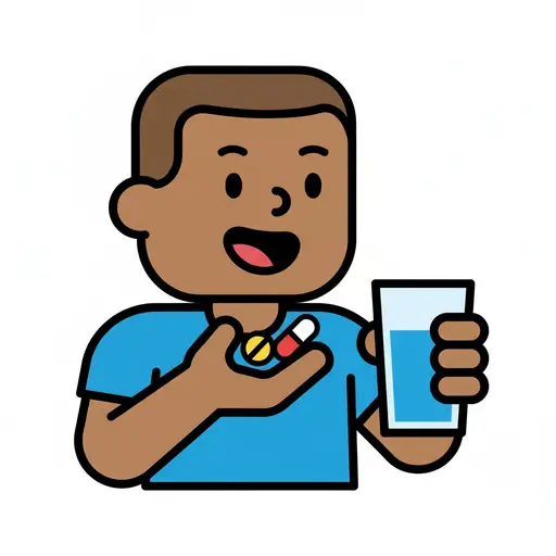 Een lachende persoon houdt pillen en een glas water vast en staat op het punt een medicijn of vitamine in te nemen.