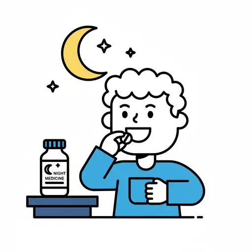 Een persoon neemt een pil en houdt een beker vast. Voor de persoon staat een medicijnpotje met het label 'NIGHT MEDICINE'. Op de achtergrond staan een maansikkel en sterren.