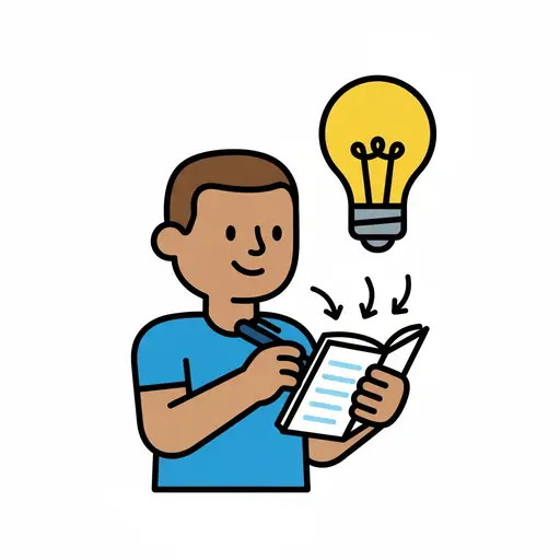 En pojke med en penna skriver i en anteckningsbok. En lysande glödlampa svävar ovanför hans huvud, med pilar som pekar ner mot boken, vilket symboliserar att han får en idé och skriver ner den.