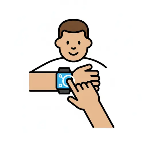 A finger presses the bright screen of a smartwatch worn on the wrist.
