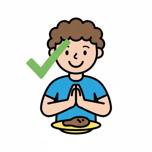 Een jongen met bruin krullend haar in een blauw shirt houdt zijn handen tegen elkaar als gebaar van dank. Voor hem staat een bord met een stuk eten en boven zijn hoofd staat een groen vinkje, wat aangeeft dat het klaar of goed is.