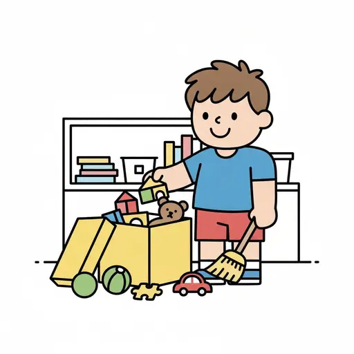 Een jongen doet een speelgoedhuisje in een gele speelgoedkist met een bezem in zijn hand en een boekenkast erachter.