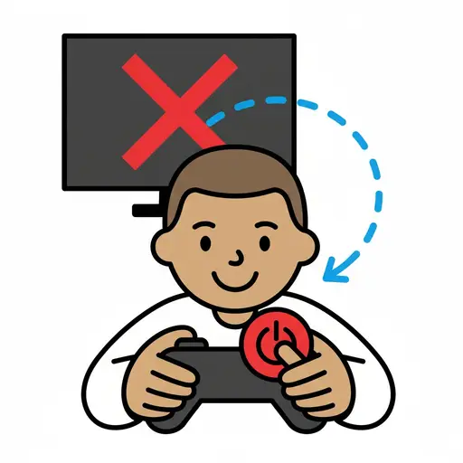 A boy pressing the power button on a game controller, with a screen in the background showing a red 'X' and a dashed arrow pointing from the screen to the controller, symbolizing turning off the game.