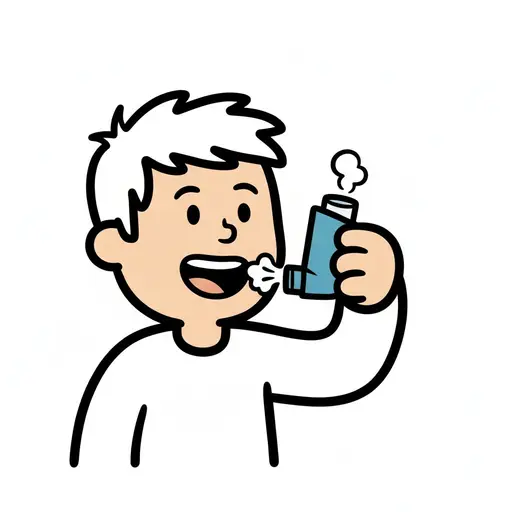Illustration of a boy using an asthma inhaler, with medicine mist coming out.